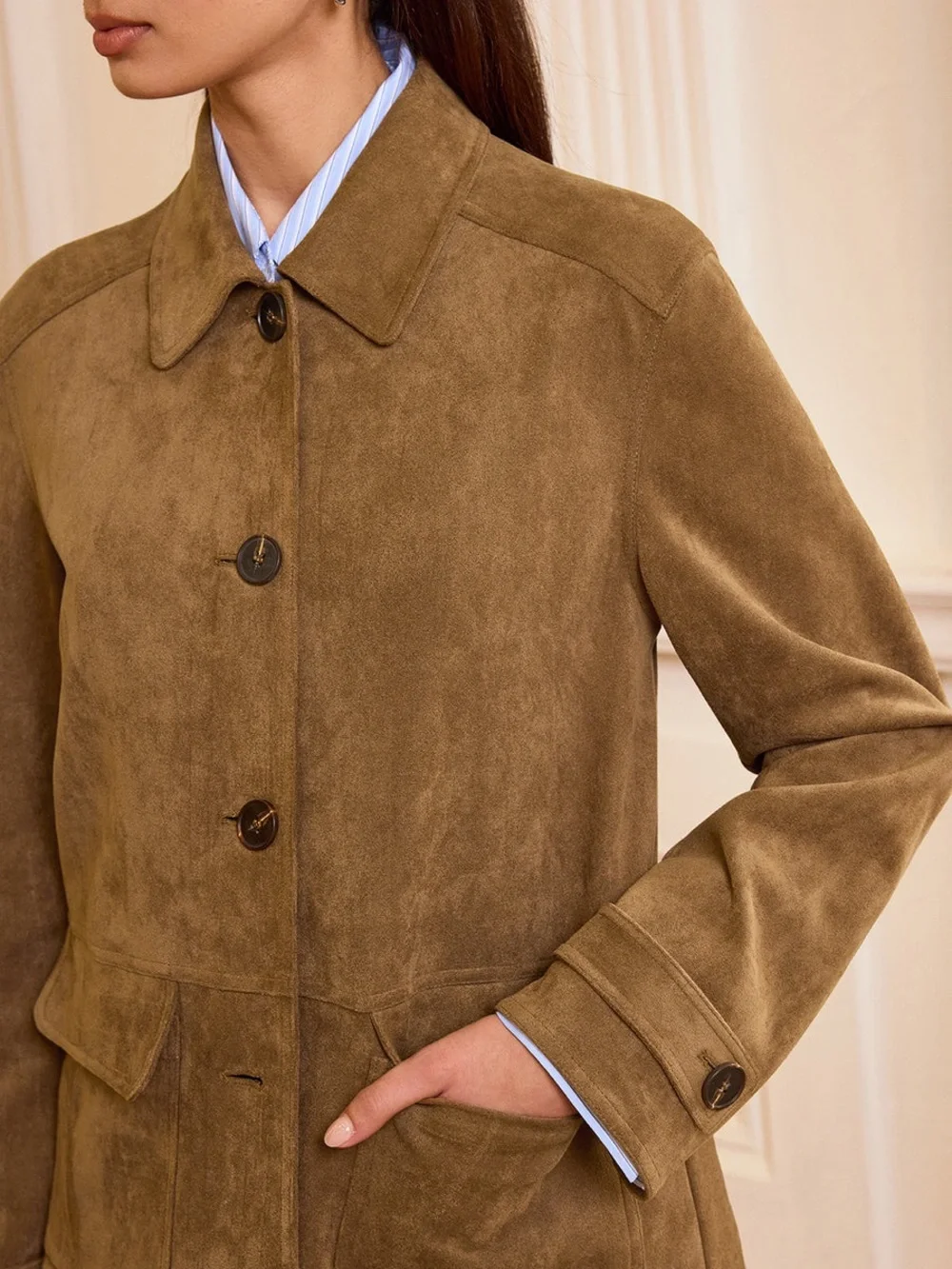 Commense Collared Button-Front Suede Effect Blazer - Picture 3 of 7